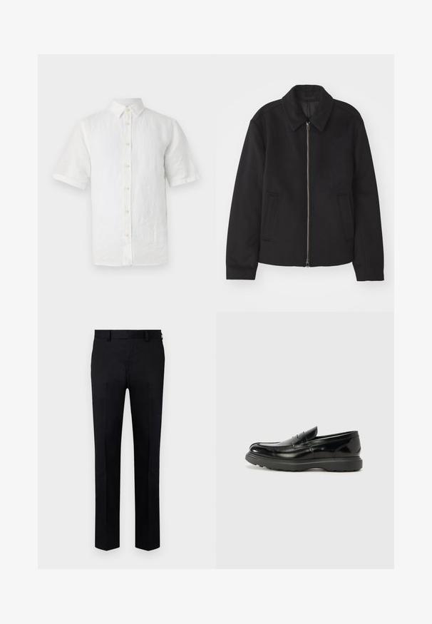 Czarna kurtka z zamkiem błyskawicznym, dopasowany krój, okrągły kołnierz i kieszenie cięte. Wykonana z gładkiego, teksturowanego materiału.; Biała koszula krótki rękaw zapinana na guziki, wykonana z lnu, z klasycznym kołnierzykiem, drewnianymi guzikami i lekko teksturowanym wykończeniem.; Czarne spodnie wykonane z gładkiego materiału, o prostym kroju, z przodem z zakładką i szlufkami na pasek w talii. Brak widocznych wzorów lub akcentów.; Czarne skórzane mokasyny o błyszczącym wykończeniu, zaokrąglonym nosku, subtelnych detalach szycia i grubym gumowym spodzie dla trwałości.