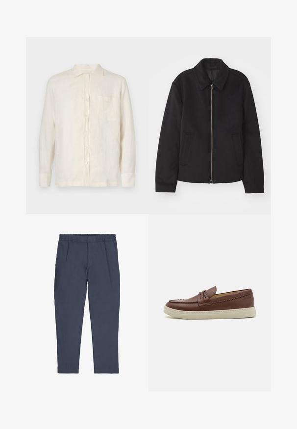 Czarna kurtka z zamkiem błyskawicznym, dopasowany krój, okrągły kołnierz i kieszenie cięte. Wykonana z gładkiego, teksturowanego materiału.; Koszula z lnu w kolorze kremowym z zapięciem na guziki, długimi rękawami i kieszenią na piersi. Posiada klasyczny kołnierz i lekką strukturę.; Granatowe spodnie z elastycznym pasem, zwężanymi nogawkami i bocznymi kieszeniami. Gładka tekstura bez widocznych wzorów czy elementów metalowych.; Brązowe skórzane mokasyny z kremową gumową podeszwą, z dekoracyjnym przeszyciem i bezproblemowym zakładaniem, bez widocznych logo ani akcentów.