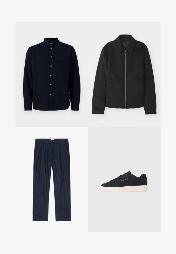 Czarna kurtka z zamkiem błyskawicznym, dopasowany krój, okrągły kołnierz i kieszenie cięte. Wykonana z gładkiego, teksturowanego materiału.; Granatowa koszula z długim rękawem, wykonana z miękkiego materiału. Posiada zapięcie na guziki, wyłogi z kołnierzykiem oraz kieszonkę na piersi. Szare guziki tworzą kontrast.; Ciemnoniebieskie, luźne spodnie wykonane z fakturowanej tkaniny, z zapięciem na guzik i bocznymi kieszeniami; prosty krój nogawki z miękkim wykończeniem.; Granatowe zamszowe sneakersy niskie z białą podeszwą, granatowymi sznurówkami i logo "Filling Pieces" w złotym kolorze na boku.