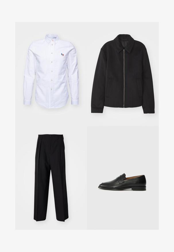 Juodas švarkas su užtrauktuku, pritaikyta forma, apvaliu apykakle ir kišenėmis su plyšiu. Pagamintas iš lygios, tekstūruotos medžiagos.; PS Paul Smith MENS TAILORED FIT - Marškiniai - whites; Juodi klostuoti kelnių, su tiesiu, plačiu kojų dizainu. Pagaminti iš lygios medžiagos, su mygtukų uždarymu ir diržo kilputėmis.; Juodas odinis loaferis su apvaliu nosiu, subtiliomis siuvimo detalėmis ir žemu kulnu, pasižymintis lygia tekstūra ir minimalistiniu dizainu.