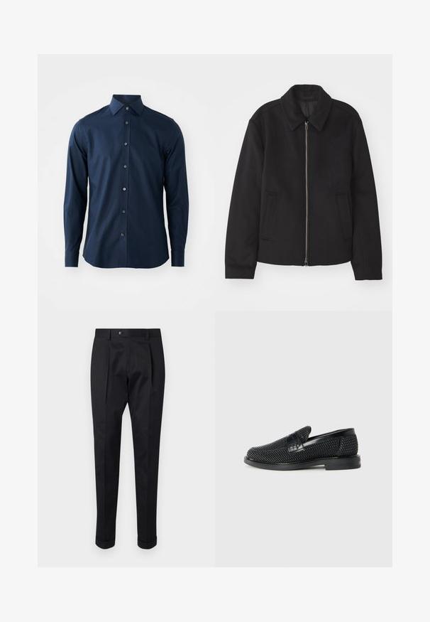 Casaco preto com fecho de correr, design ajustado, colarinho redondo e bolsos com fenda. Feito de um tecido liso e texturizado.; Camisa de dress masculina de manga longa azul-marinho com botão na frente e colarinho pontiagudo, contra um fundo branco liso.; Calças pretas feitas de um tecido suave, com um vinco na frente, fechamento com botão e punhos dobrados no tornozelo.; Sandalha preta entrelaçada com um accento de couro liso na parte superior, design de biqueira redonda e sola de borracha de perfil baixo.