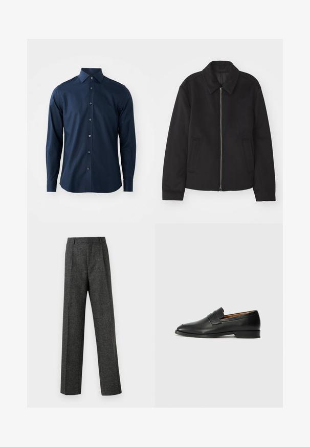 Černá bunda se zipovým uzávěrem, střižená designem, kulatým límcem a kapsami na bocích. Vyrobena z hladké, strukturované tkaniny.; Námorně modrá pánská košile s dlouhým rukávem, s knoflíkovým zapínáním a špičatým límcem na bílém pozadí.; Šedé kalhoty na míru vyrobené z texturované tkaniny, s dvěma předními záhyby a rovnými nohavicemi. Bez viditelných kapes nebo ozdob.; Černé kožené mokasíny s kulatou špičkou, jemným prošíváním a nízkým podpatkem, s hladkým povrchem a minimalistickým designem.
