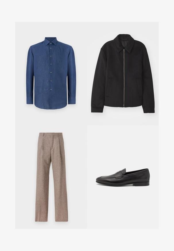 Schwarze Jacke mit Reißverschluss, tailliertem Schnitt, rundem Kragen und Schlitztaschen. Hergestellt aus einem glatten, strukturierten Stoff.; Dunkelblauses Langarmhemd aus leicht strukturiertem Stoff. Mit klassischem Kragen und sechs Knöpfen auf der Vorderseite.; Braune, hochtaillierte Hose aus strukturiertem Stoff. Mit weitem Bein und zwei vorderen Bügelfalten für zusätzliche Form. Saubere Verarbeitung ohne sichtbare Hardware.; Schwarze Leder-Herrenloafer mit niedrigem Absatz und klassischem Penny-Riemen-Design, seitlich auf einem weißen Hintergrund dargestellt.