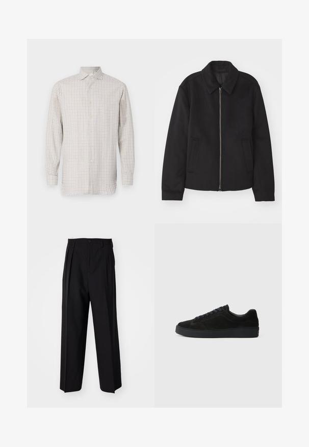 Giacca nera con chiusura con zip, design sartoriale, collo arrotondato e tasche a fessura. Realizzata in un tessuto morbido e texture.; Camicia a maniche lunghe di colore beige chiaro con un motivo a quadri. Presenta un colletto alla francese e chiusure a bottoni, con bottoni in tonalità oro e una vestibilità rilassata.; Pantaloni neri a pieghe con un design dritto e gamba larga. Realizzati in tessuto morbido, con chiusura a bottone e passanti per cintura.; Sneaker in suede nera con suola piatta e testurizzata, punta arrotondata, sei occhielli per lacci e design minimalista.