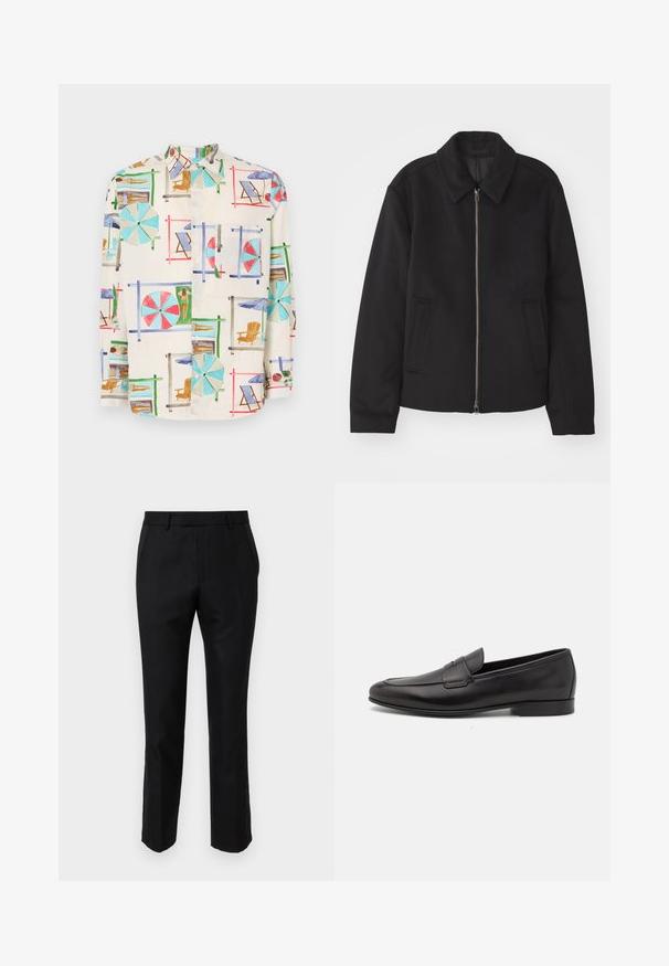 Giacca nera con chiusura con zip, design sartoriale, collo arrotondato e tasche a fessura. Realizzata in un tessuto morbido e texture.; Camicia a maniche corte con bottoni in tessuto leggero, caratterizzata da una stampa di una vivace scena di spiaggia con ombrelloni, sedie e bagnanti.; Pantaloni neri su misura con una vestibilità slim, dotati di tasche laterali e una superficie liscia. I bordi sono rifiniti con un orlo pulito.; Mocassino da uomo in pelle nera con tacco basso e design classico a striscia, mostrato in profilo laterale su sfondo bianco.