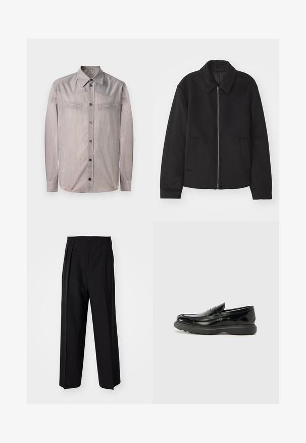 Must mustriga, mis on varustatud lukuga, kohandatud disaini, ümarate kaeluste ja lõhesalongidega taskudega. Valmistatud siledast, tekstuurilisest kangast.; Ribadeelne nupp-paita heledates värvides, klassikalise krae, kahe rinna tasku ja pikkade varrukatega. Sujuv tekstuur vähese läikega.; Mustad volditud püksid sirge ja laia säärega disainiga. Valmistatud siledast kangast, millel on nuppudega sulgemine ja vööaasad.; Must musta nahk loafer läikiva viimistlusega, ümar varvas, delikaatsed õmblusdetailid ja paks kummist tallad vastupidavuse tagamiseks.