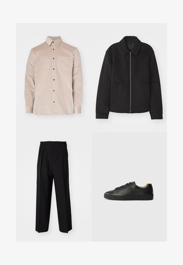 Casaco preto com fecho de correr, design ajustado, colarinho redondo e bolsos com fenda. Feito de um tecido liso e texturizado.; Camisa de cotim bege com colarinho abotoado, apresentando dois bolsos frontais e botões pretos. Textura suave e design clássico.; Calças pretas plissadas com um design reto e de perna larga. Feitas de um tecido liso, apresentam um fecho de botão e passantes para cinto.; Sapatilha de couro preta de cano baixo com superfície texturizada, atacadores pretos e sola de borracha grossa, mostrada de lado sobre um fundo claro.