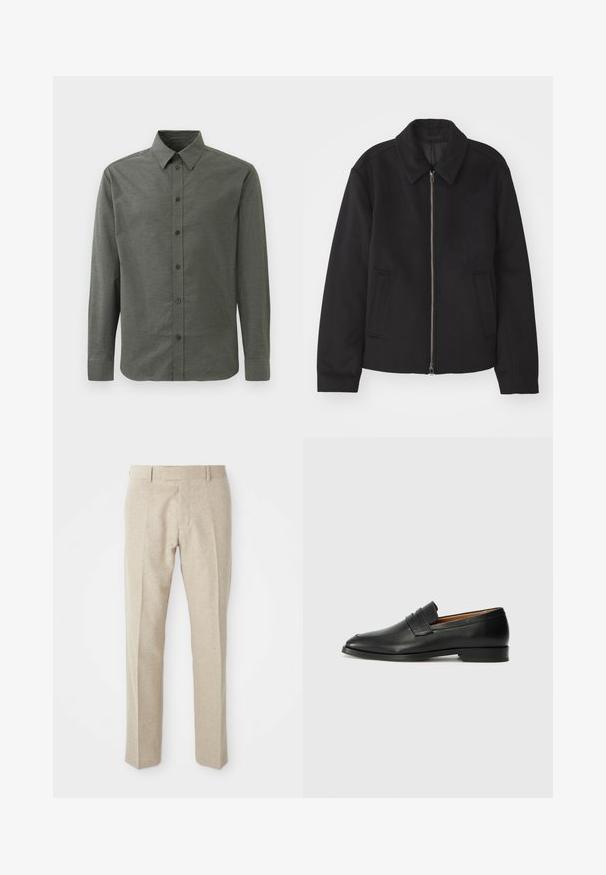 Black jacket with a zip closure, tailored design, a rounded collar, and slit pockets. Made from a smooth, textured fabric.; Long-sleeve button-up shirt in dark green, made of textured fabric. Features a classic collar and five front buttons.; Beige tailored trousers made of textured fabric, featuring a flat front, straight legs, and a traditional waistband with belt loops.; Black leather loafer with a rounded toe, subtle stitched detailing, and a low heel, featuring a smooth texture and minimalist design.