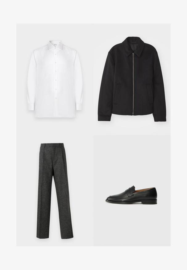 Schwarze Jacke mit Reißverschluss, tailliertem Schnitt, rundem Kragen und Schlitztaschen. Hergestellt aus einem glatten, strukturierten Stoff.; Weißes Langarm-Hemd mit Knopfleiste, aus glattem Stoff, ausgestattet mit einem klassischen Kragen und einer Reihe von perlenartigen Knöpfen entlang der Vorderseite.; Graue maßgeschneiderte Hose aus strukturiertem Stoff, mit zwei vorderen Falten und geradem Bein. Keine sichtbaren Taschen oder Verzierungen.; Schwarze Leder-Slipper mit runder Zehenform, dezenten gestickten Details und niedrigem Absatz, ausgestattet mit glatter Textur und minimalistischem Design.