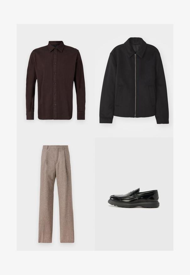 Schwarze Jacke mit Reißverschluss, tailliertem Schnitt, rundem Kragen und Schlitztaschen. Hergestellt aus einem glatten, strukturierten Stoff.; Dunkelbraunes Langarmhemd aus gewebtem Stoff. Mit einem Button-Down-Kragen, einer Frontleiste mit schwarzen Knöpfen und Knöpfen an den Manschetten.; Braune, hochtaillierte Hose aus strukturiertem Stoff. Mit weitem Bein und zwei vorderen Bügelfalten für zusätzliche Form. Saubere Verarbeitung ohne sichtbare Hardware.; Schwarze Lederloafer mit glanzendem Finish, abgerundetem Zehenbereich, subtilen Steppnähten und einer dicken Gummisohle für Langlebigkeit.