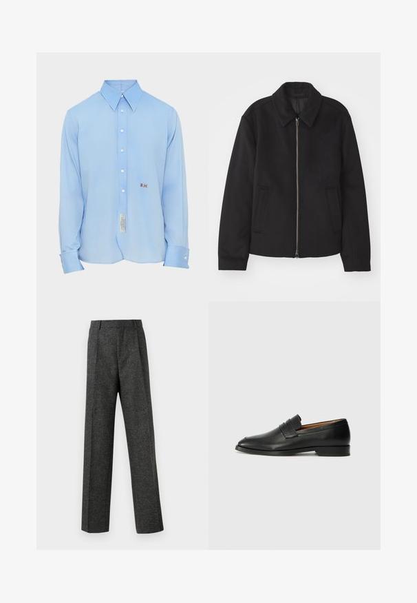 Veste noire avec fermeture éclair, design ajusté, col arrondi et poches fendue. Fabriquée dans un tissu lisse et texturé.; Chemise à manches longues bleu clair avec un large col, boutonnée à l'avant, et initiales brodées "B.M." sur le côté gauche. Étiquettes visibles en bas.; Pantalon gris ajusté en tissu texturé, doté de deux plis sur le devant et d'une coupe droite. Pas de poches visibles ni de décorations.; Mocassin en cuir noir avec un bout arrondi, des coutures subtiles et un talon bas, présentant une texture lisse et un design minimaliste.