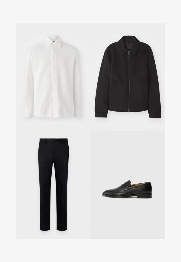 Melnā jaka ar rāvējslēdzēju, piegrieztas formas dizains, noapaļots apkakle un šķēluma kabatas. Izgatavota no gludas, teksturētas auduma.; Balts pogcaurais krekls, kas izgatavots no teksturēta auduma. Tam ir klasiskā apkakle, garas piedurknes un seši priekšējie pogas. Mīksts, viegls dizains.; Melni bikses, izgatavotas no gludas auduma, ar taisnu kāju dizainu, priekšējo kroku un jostas cilpām jostasvietā. Nav redzamu rakstu vai akcentu.; Melnas ādas loafers ar noapaļotu purngala formu, smalku izšuvumu un zemu papēdi, piedāvājot gludu tekstūru un minimālistisku dizainu.