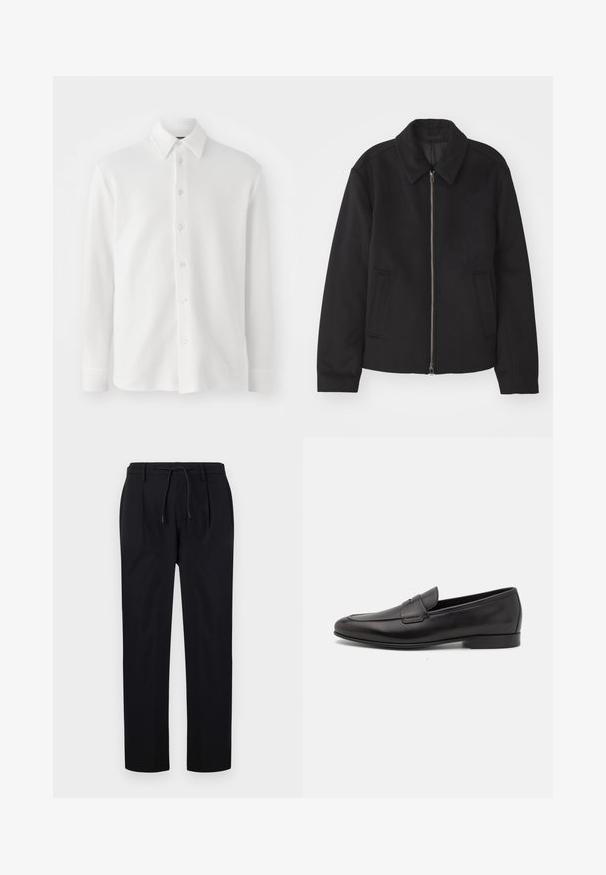 Schwarze Jacke mit Reißverschluss, tailliertem Schnitt, rundem Kragen und Schlitztaschen. Hergestellt aus einem glatten, strukturierten Stoff.; Weißes Hemd mit Knopfleiste aus strukturiertem Stoff. Verfügt über einen klassischen Kragen, lange Ärmel und sechs Knöpfe auf der Vorderseite. Weiches, leichtes Design.; Schwarze Hose aus glattem Stoff, mit einem Kordelzugbund, geraden Beinen und einer Vorderfalte für einen strukturierten Look.; Schwarze Leder-Herrenloafer mit niedrigem Absatz und klassischem Penny-Riemen-Design, seitlich auf einem weißen Hintergrund dargestellt.