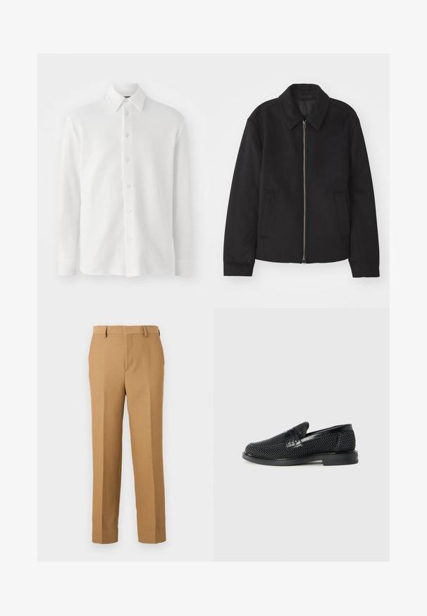 Černá bunda se zipovým uzávěrem, střižená designem, kulatým límcem a kapsami na bocích. Vyrobena z hladké, strukturované tkaniny.; Bílá košile s knoflíky vyrobená z texturované látky. Má klasický límec, dlouhé rukávy a šest knoflíků vpředu. Měkký, lehký design.; Beige kalhoty z tkané látky, s rovnými nohavicemi, plochým předním dílem a poutky na opasek. Hladký povrch bez viditelných vzorů.; Černé pletené nazouvací boty s hladkým koženým akcentem na svršku, kulatou špičkou a nízkoprofilovou gumovou podrážkou.