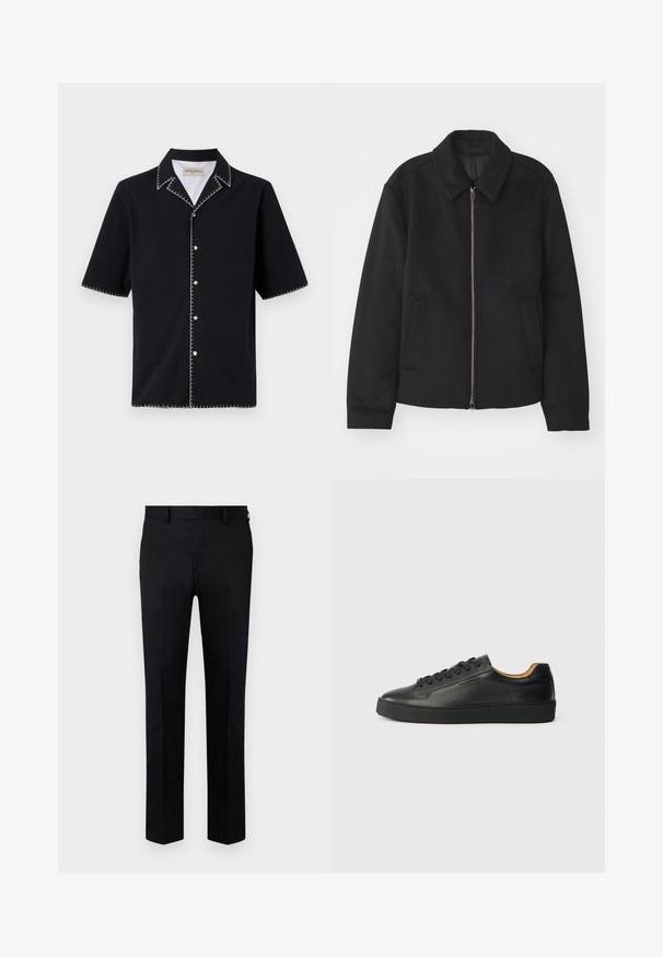 Casaco preto com fecho de correr, design ajustado, colarinho redondo e bolsos com fenda. Feito de um tecido liso e texturizado.; Camiseta preta de manga curta com colarinho, com costura em contraste branca ao longo das bordas e botões na frente. Tecido texturizado.; Calças pretas feitas de tecido liso, com um design de perna reta, vinco frontal e passantes para cinto na cintura. Sem padrões ou acentos visíveis.; Sapatilha de couro preta de cano baixo com superfície texturizada, atacadores pretos e sola de borracha grossa, mostrada de lado sobre um fundo claro.