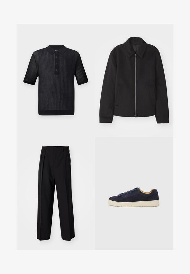 Zwarte jas met ritssluiting, op maat gemaakte ontwerp, ronde kraag en splitzakken. Gemaakt van een gladde, gestructureerde stof.; Zwarte polo met korte mouwen, geribbelde textuur en een effen zwarte kraag. Voorzien van drie knopen aan de voorkant en een getailleerde zoom.; Zwarte geplooide broeken met een rechte, brede pijpontwerp. Gemaakt van soepele stof, met een knoopsluiting en riemlussen.; Marine blauwe suedekleurige low-top sneaker met ronde neus, off-white rubberen zool en bijpassende veters; heeft een contrasterende tan interieur voering.
