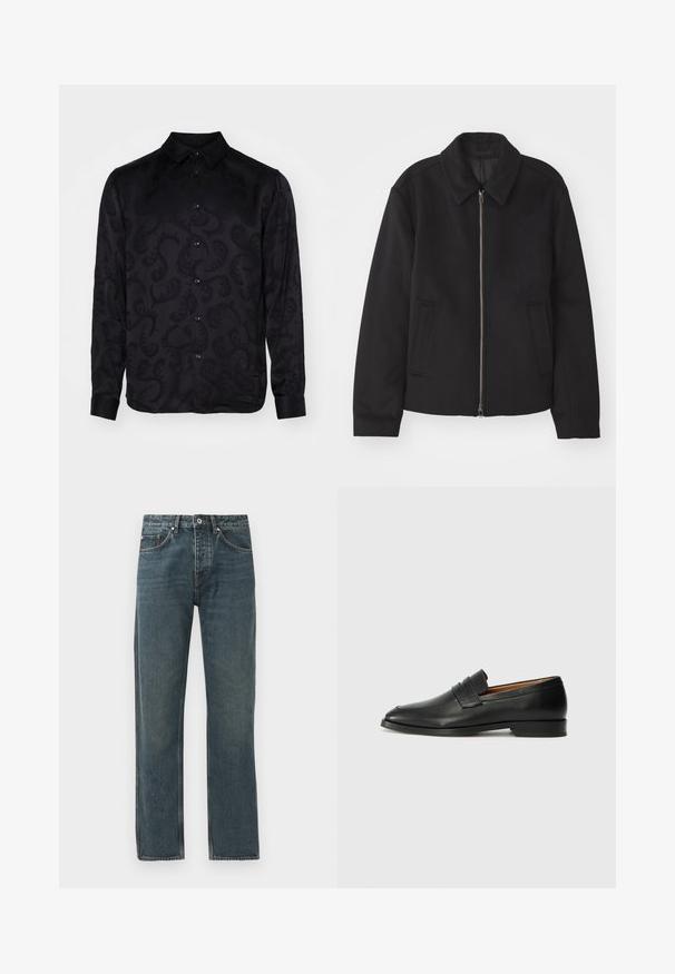 Chaqueta negra con cierre de cremallera, diseño ajustado, cuello redondeado y bolsillos con abertura. Fabricada en un tejido suave y texturizado.; Camisa negra de manga larga con un sutil patrón de paisley texturizado, que presenta un cuello puntiagudo y cierre frontal con botones. Tejido suave.; Jeans de mezclilla azul oscuro con un diseño de pierna recta, que cuentan con cinco bolsillos, un cierre de botón y detalles de costura en contraste.; Mocasín de cuero negro con punta redonda, detalles de costura sutil y un tacón bajo, que presenta una textura suave y un diseño minimalista.
