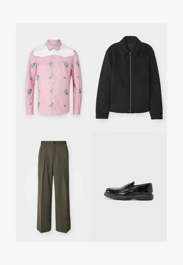 Schwarze Jacke mit Reißverschluss, tailliertem Schnitt, rundem Kragen und Schlitztaschen. Hergestellt aus einem glatten, strukturierten Stoff.; Langarmhemd in Pink und Weiß. Mit floralem Stickerei und einer weißen Passe. Hergestellt aus einem leichten Stoff mit durchgehender Knopfleiste.; Filippa K WIDE TROUSERS - Stoffhose - driftwood; Schwarze Lederloafer mit glanzendem Finish, abgerundetem Zehenbereich, subtilen Steppnähten und einer dicken Gummisohle für Langlebigkeit.