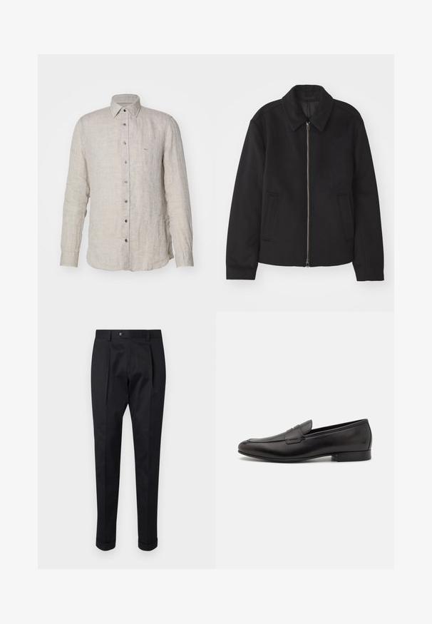 Czarna kurtka z zamkiem błyskawicznym, dopasowany krój, okrągły kołnierz i kieszenie cięte. Wykonana z gładkiego, teksturowanego materiału.; Jasnobeżowa lniana koszula z długimi rękawami, z kołnierzykiem zapinanym na guziki i guzikiem z przodu. Posiada małe haftowane logo na klatce piersiowej.; Czarne spodnie wykonane z gładkiego materiału, z zakładką z przodu, zapięciem na guzik i podwiniętymi mankietami na kostkach.; Czarne skórzane loafersy o eleganckim designie, z zaokrąglonym noskiem i niskim, warstwowym obcasem. Posiadają dekoracyjny detal w postaci szwu na cholewce.