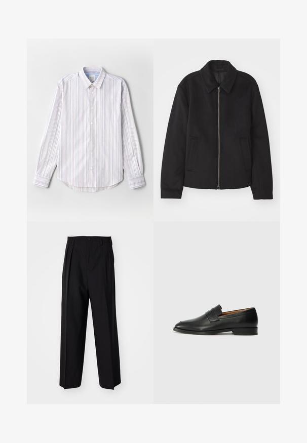 Giacca nera con chiusura con zip, design sartoriale, collo arrotondato e tasche a fessura. Realizzata in un tessuto morbido e texture.; Camicia leggera a maniche lunghe con bottoni, a righe verticali in bianco, blu e rosso. Presenta un colletto classico e un orlo arrotondato.; Pantaloni neri a pieghe con un design dritto e gamba larga. Realizzati in tessuto morbido, con chiusura a bottone e passanti per cintura.; Mocassino in pelle nera con punta arrotondata, dettagli cuciti sottili e tacco basso, caratterizzato da una texture liscia e un design minimalista.