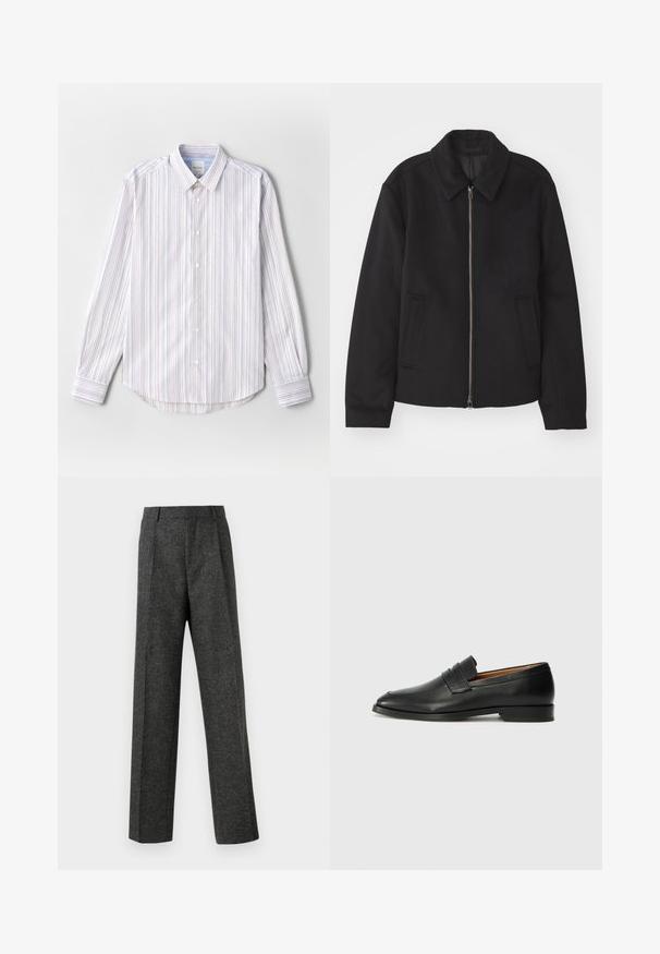 Giacca nera con chiusura con zip, design sartoriale, collo arrotondato e tasche a fessura. Realizzata in un tessuto morbido e texture.; Camicia leggera a maniche lunghe con bottoni, a righe verticali in bianco, blu e rosso. Presenta un colletto classico e un orlo arrotondato.; Pantaloni grigi su misura realizzati in tessuto strutturato, con due pieghe frontali e un design a gamba dritta. Nessuna tasca o decorazione visibile.; Mocassino in pelle nera con punta arrotondata, dettagli cuciti sottili e tacco basso, caratterizzato da una texture liscia e un design minimalista.