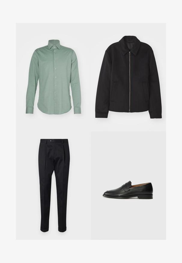 Giacca nera con chiusura con zip, design sartoriale, collo arrotondato e tasche a fessura. Realizzata in un tessuto morbido e texture.; Camicia a maniche lunghe verde chiaro, dotata di bottoni e realizzata in un tessuto liscio. Presenta un colletto classico e una chiusura frontale con sette bottoni visibili.; Pantaloni neri realizzati in un tessuto liscio, con una piega sul davanti, chiusura con bottone e risvolti alla caviglia.; Mocassino in pelle nera con punta arrotondata, dettagli cuciti sottili e tacco basso, caratterizzato da una texture liscia e un design minimalista.