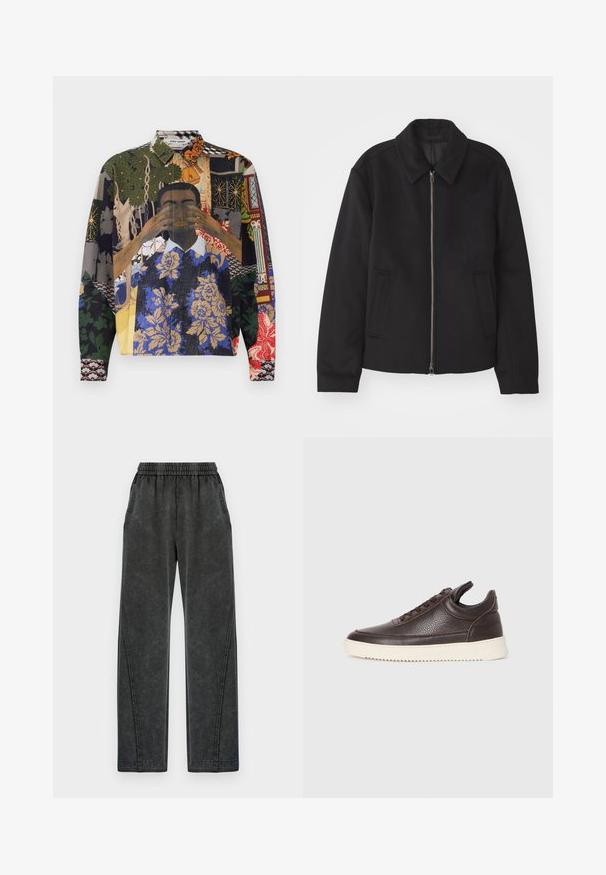Black jacket with a zip closure, tailored design, a rounded collar, and slit pockets. Made from a smooth, textured fabric.; Multicolored button-up shirt featuring a collage of patterns, including floral, geometric, and illustrated motifs on a textured fabric.; Black, lightweight pants with an elastic waistband, side pockets, and a faded texture. Straight-leg design and visible stitching details.; Dark brown textured leather sneaker with lace-up front and white ridged rubber sole on a plain light background.