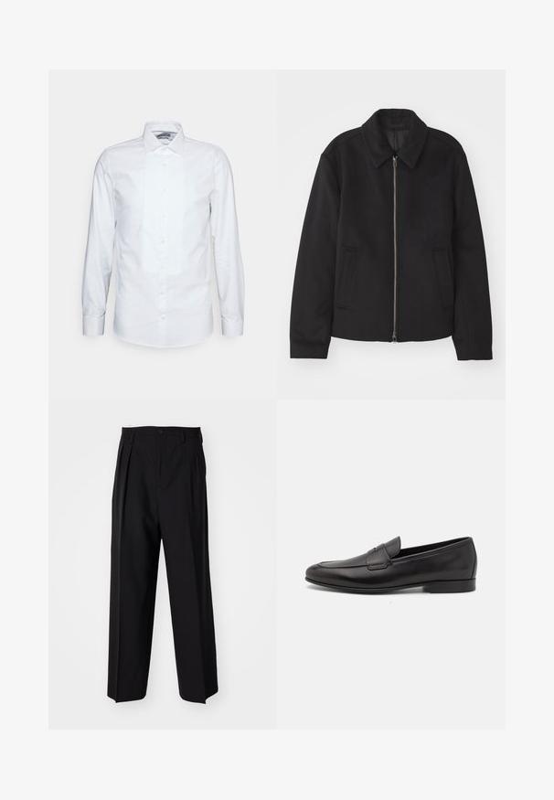 Black jacket with a zip closure, tailored design, a rounded collar, and slit pockets. Made from a smooth, textured fabric.; White long-sleeve shirt made of cotton. Features a pleated front, pointed collar, and classic button closure. Smooth texture and tailored fit.; Black pleated trousers with a straight, wide-leg design. Made from smooth fabric, featuring a button closure and belt loops.; Black leather men's loafer with a low heel and a classic penny strap design, shown in side profile on a white background.