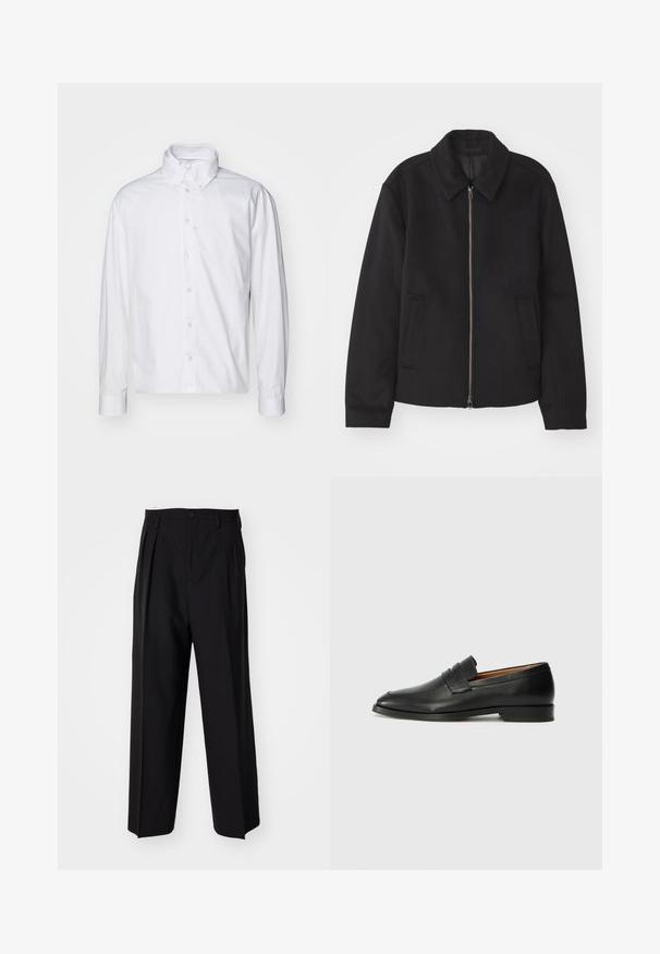 Fekete dzseki cipzárral, testreszabott dizájnnal, kerek nyakkal és zsebekkel. Sima, texturált anyagból készült.; Fehér, hosszú ujjú, gombos ing, pamutból készült. Klasszikus gallérral, elülső gombzárral és felgöngyölt mandzsettákkal rendelkezik, sima textúrájú.; Fekete, pliszírozott nadrág, egyenes, széles lábakkal. Sima anyagból készült, gombos záródással és övhurkokkal rendelkezik.; Fekete bőr mokaszin, kerek orral, diszkrét varrásokkal és alacsony sarokkal, sima felülettel és minimalista dizájnnal.