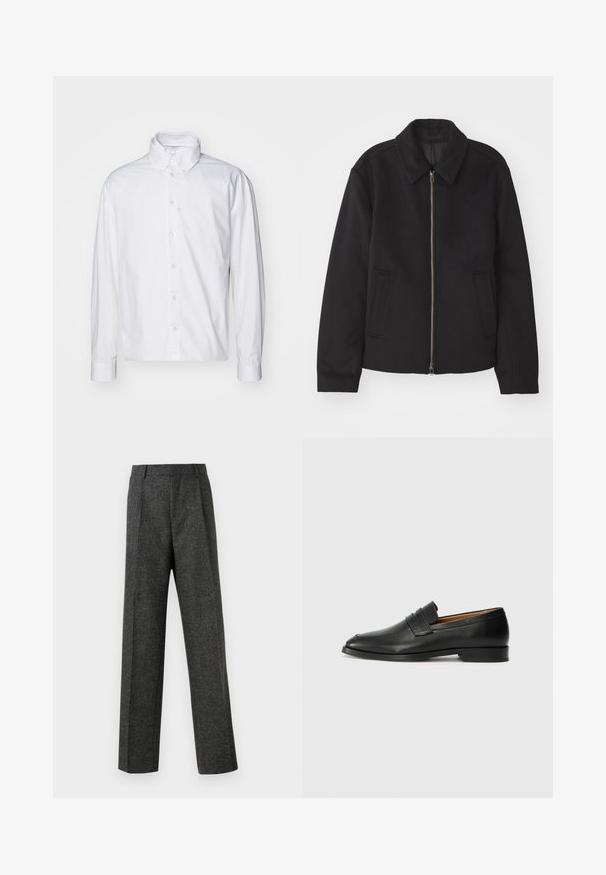 Čierna bunda so zipsom, upravený strih, okrúhly golier a bočné vrecká. Vyrobená z hladkej, textúrovanej látky.; Biela dlhá košeľa s gombíkmi vyrobená z bavlny. Má klasický golier, predné zapínanie na gombíky a otočené manžety s hladkou textúrou.; Sivé úzke nohavice z textúrovanej látky, s dvoma prednými skladmi a rovnými nohavicami. Bez viditeľných vreciek alebo ozdôb.; Čierne kožené mokasíny s okrúhlou špičkou, jemným prešitím a nízkym podpätkom, s hladkou textúrou a minimalistickým dizajnom.