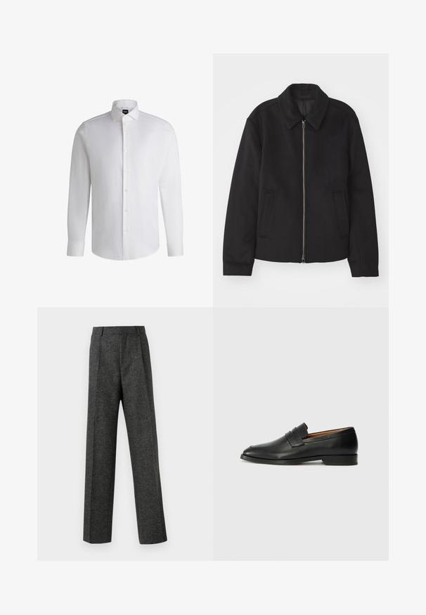 Juodas švarkas su užtrauktuku, pritaikyta forma, apvaliu apykakle ir kišenėmis su plyšiu. Pagamintas iš lygios, tekstūruotos medžiagos.; Baltas ilgas rankovėmis marškiniai, pagaminti iš lygaus medvilnės, su klasikine apykakle, pilnu mygtukų užsegimu ir mygtukais užsegamomis rankovėmis. Minimalistinis dizainas.; Pilki pritaikyti kelnių modeliai, pagaminti iš tekstūruotos medžiagos, su dviem priekiniais klostėmis ir tiesiogine kojų forma. Nėra matomų kišenių ar puošybų.; Juodas odinis loaferis su apvaliu nosiu, subtiliomis siuvimo detalėmis ir žemu kulnu, pasižymintis lygia tekstūra ir minimalistiniu dizainu.