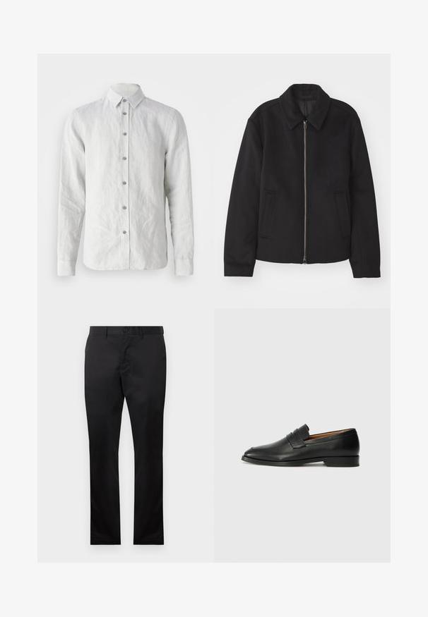 Fekete dzseki cipzárral, testreszabott dizájnnal, kerek nyakkal és zsebekkel. Sima, texturált anyagból készült.; Fehér vászon, hosszú ujjas ing hegyes gallérral, hét gombbal elöl, és enyhén texturált anyaggal.; Fekete pamut nadrág egyenes láb kialakítással, elülső gombos zárással és oldalsó zsebekkel, sima textúrával, látható minták nélkül.; Fekete bőr mokaszin, kerek orral, diszkrét varrásokkal és alacsony sarokkal, sima felülettel és minimalista dizájnnal.