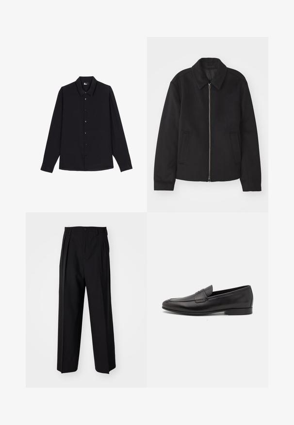 Chaqueta negra con cierre de cremallera, diseño ajustado, cuello redondeado y bolsillos con abertura. Fabricada en un tejido suave y texturizado.; Camisa negra de manga larga hecha de una tela suave, con cuello puntiagudo y cierre de botones en el frente, con dobladillo redondeado y un detalle sutil en los hombros.; Pantalones negros plisados con un diseño recto y de pierna ancha. Fabricados en una tela suave, presentan un cierre de botón y trabillas para el cinturón.; Mocasín negro de cuero para hombres con un tacón bajo y un diseño clásico de cinta para monedas, mostrado en perfil lateral sobre un fondo blanco.