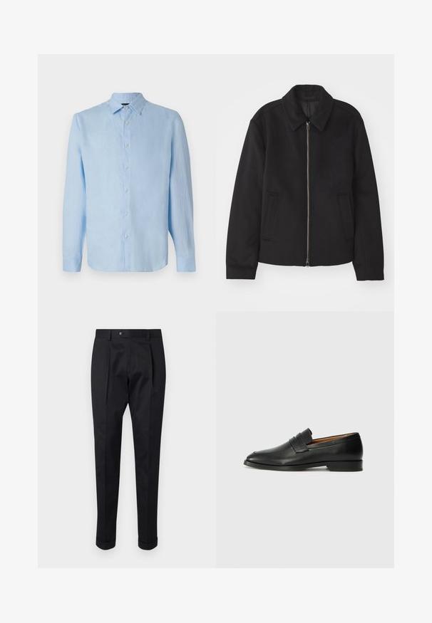 Black jacket with a zip closure, tailored design, a rounded collar, and slit pockets. Made from a smooth, textured fabric.; Light blue long-sleeve shirt made of linen, featuring a button-down front, a collar, and a straight cut. Soft texture with no visible patterns.; Black trousers made of a smooth fabric, featuring a fold at the front, a button closure, and rolled cuffs at the ankle.; Black leather loafer with a rounded toe, subtle stitched detailing, and a low heel, featuring a smooth texture and minimalist design.