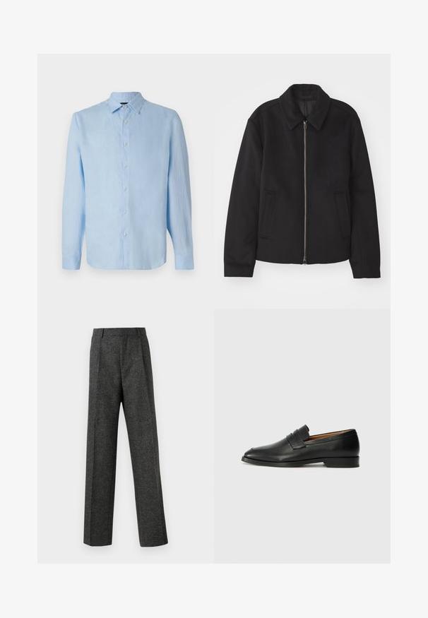 Black jacket with a zip closure, tailored design, a rounded collar, and slit pockets. Made from a smooth, textured fabric.; Light blue long-sleeve shirt made of linen, featuring a button-down front, a collar, and a straight cut. Soft texture with no visible patterns.; Gray tailored trousers made of textured fabric, featuring two front pleats and a straight-leg design. No visible pockets or embellishments.; Black leather loafer with a rounded toe, subtle stitched detailing, and a low heel, featuring a smooth texture and minimalist design.