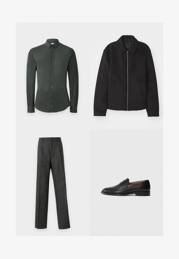 Casaco preto com fecho de correr, design ajustado, colarinho redondo e bolsos com fenda. Feito de um tecido liso e texturizado.; Camisa de manga longa verde escura com colarinho clássico, fecho frontal com botões e textura de tecido suave. Apresenta punhos com botão e um corte ajustado.; Calças cinzentas ajustadas, feitas de um tecido texturizado, com duas pregas frontais e um design de perna reta. Sem bolsos visíveis ou enfeites.; Sapatilha de couro preta com biqueira arredondada, detalhes cosidos discretos e um salto baixo, apresentando uma textura suave e um design minimalista.
