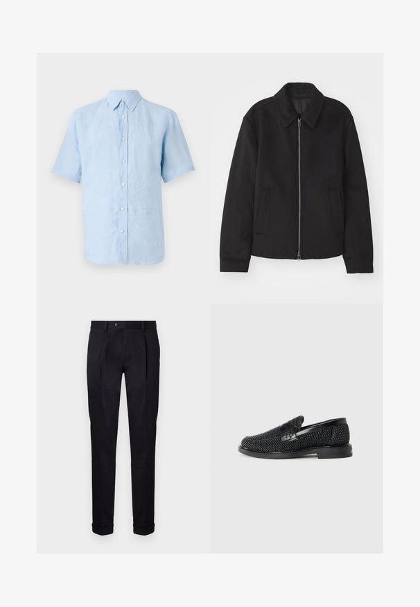 Zwarte jas met ritssluiting, op maat gemaakte ontwerp, ronde kraag en splitzakken. Gemaakt van een gladde, gestructureerde stof.; Tiger of Sweden SPENSER - Overhemd - summer sky; Op maat gemaakte zwarte broek van gladde stof, met een vlakke voorkant, twee voorplooien en omgeslagen boorden voor een scherpe, gestructureerde uitstraling.; Zwartegeweven instap schoenen met een glad leren accent aan de bovenkant, een ronde neusontwerp en een laag profiel rubberen zool.