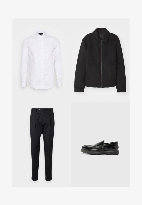 Črna jakna z zadrgo, prilagojena zasnova, okrogla ovratnica in žepi z rezi. Narejena iz gladke, teksturirane tkanine.; Bela srajca z dolgimi rokavi in gumbastim ovratnikom, izdelana iz gladkega bombažnega materiala, z majhnim logotipom na prsih in gumbi po sprednji strani.; Črne hlače iz gladkega materiala, z zavihkom spredaj, gumbom za zapiranje in zvitim robom ob gležnjih.; Črne usnjene loafer čevlje z sijajno obdelavo, okroglo špico, subtilnimi šivi in debelim gumijastim podplatom za trajnost.