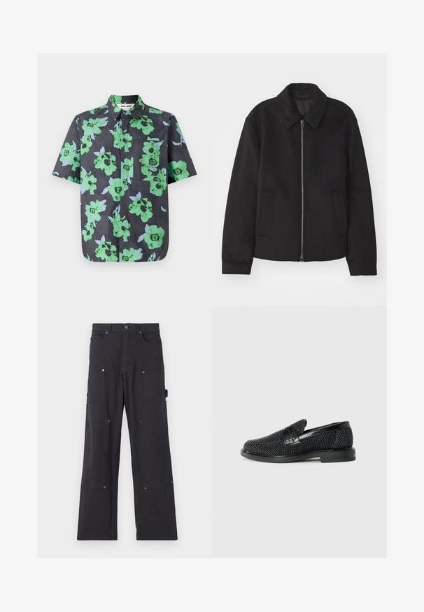 Melnā jaka ar rāvējslēdzēju, piegrieztas formas dizains, noapaļots apkakle un šķēluma kabatas. Izgatavota no gludas, teksturētas auduma.; Kreklu ar īsām piedurknēm tumšā audumā ar lielu zaļu un gaiši zilu ziedu rakstu. Iekļauta krūšu kabata ar vāku.; Melni cargo bikses, izgatavotas no izturīgas auduma, ar taisnu kāju dizainu, kas aprīkotas ar priekšējām kabatām, sprādzēm un sānu utilitātes kabatām.; Melnas austas slaidu kurpes ar gludu ādas akcentu augšpusē, apaļas formas purngalu un zemas profila gumijas zoli.