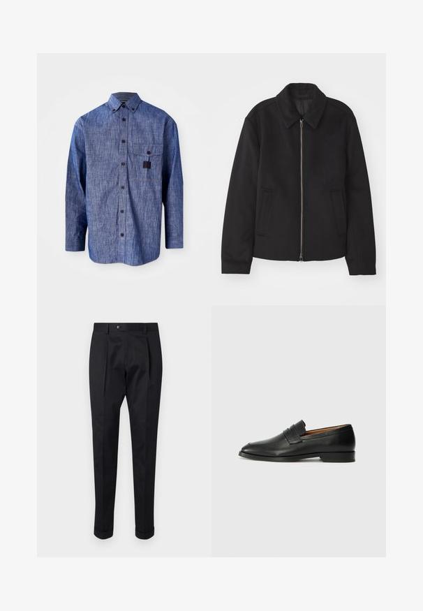 Črna jakna z zadrgo, prilagojena zasnova, okrogla ovratnica in žepi z rezi. Narejena iz gladke, teksturirane tkanine.; Modra jeans s dolgimi rokavi s kratkim ovratnikom, sprednjim žepom na prsih in subtilno teksturo. Ima temne gumbe in kontrastni šiv.; Črne hlače iz gladkega materiala, z zavihkom spredaj, gumbom za zapiranje in zvitim robom ob gležnjih.; Črne usnjene loferice z zaobljenim prstom, subtilnim šivanjem in nizkim petam, ki se odlikujejo po gladki teksturi in minimalističnem oblikovanju.