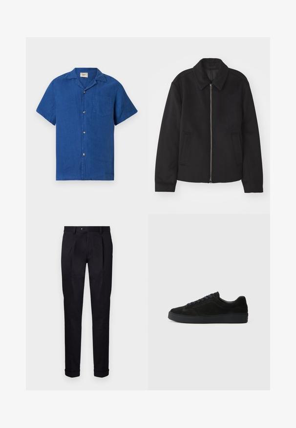 Giacca nera con chiusura con zip, design sartoriale, collo arrotondato e tasche a fessura. Realizzata in un tessuto morbido e texture.; Camicia blu a maniche corte con colletto alla americana e taschino sul petto, esposta distesa su uno sfondo bianco.; Pantaloni neri su misura realizzati in tessuto liscio, con fronte piatto, due pieghe frontali e orli con risvolto per un aspetto pulito e strutturato.; Sneaker in suede nera con suola piatta e testurizzata, punta arrotondata, sei occhielli per lacci e design minimalista.