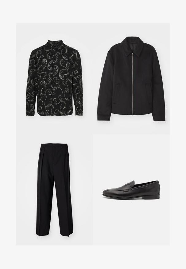 Zwarte jas met ritssluiting, op maat gemaakte ontwerp, ronde kraag en splitzakken. Gemaakt van een gladde, gestructureerde stof.; Zwarte button-up shirt met witte kronkelige paisleypatronen, lange mouwen en een standaard kraag, gemaakt van lichtgewicht stof.; Zwarte geplooide broeken met een rechte, brede pijpontwerp. Gemaakt van soepele stof, met een knoopsluiting en riemlussen.; Zwarte leren herenloafers met een lage hak en een klassiek pennystrap-ontwerp, getoond in zijaanzicht op een witte achtergrond.