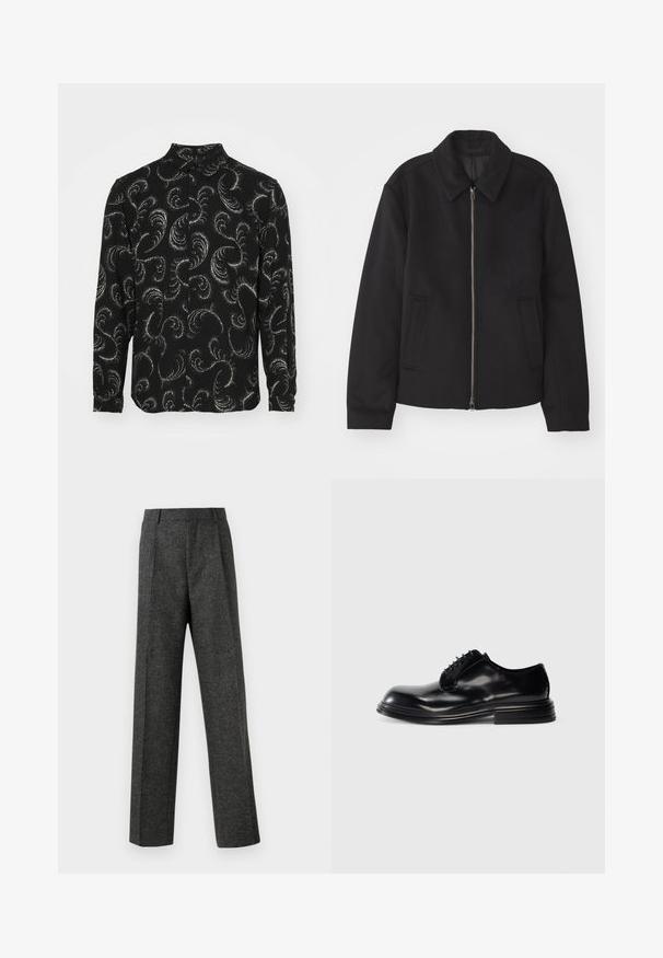 Chaqueta negra con cierre de cremallera, diseño ajustado, cuello redondeado y bolsillos con abertura. Fabricada en un tejido suave y texturizado.; Camisa negra de botones con patrones paisley en espiral blancos, mangas largas y cuello estándar, fabricada en un tejido ligero.; Pantalones gris ajustados hechos de una tela texturizada, con dos pliegues frontales y un diseño de pierna recta. Sin bolsillos visibles ni adornos.; Zapatos de vestir de cuero negro con punta redonda, acabado liso, diseño de cordones y tacón apilado. Estilo minimalista sin logotipos visibles.