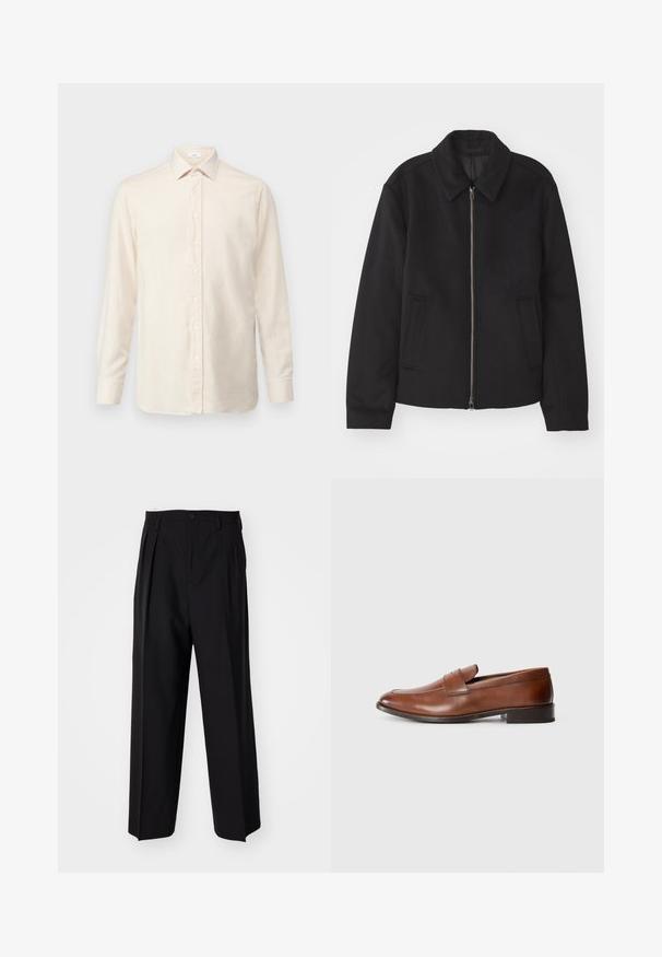 Črna jakna z zadrgo, prilagojena zasnova, okrogla ovratnica in žepi z rezi. Narejena iz gladke, teksturirane tkanine.; Svetlo bež srajca z dolgimi rokavi, izdelana iz mehkega materiala, z gumbnim zapiranjem spredaj, klasičnim ovratnikom in gumbnimi manšetami.; Črne nabirane hlače s ravnim, širokim krojem. Narejene so iz gladkega materiala in imajo zadrgo ter pasne zanke.; Rjave usnjene loafers čevlje z zaobljenim prstom, minimalnim šivanjem in nizko blok peto. Imajo dekorativen trak čez zgornji del.