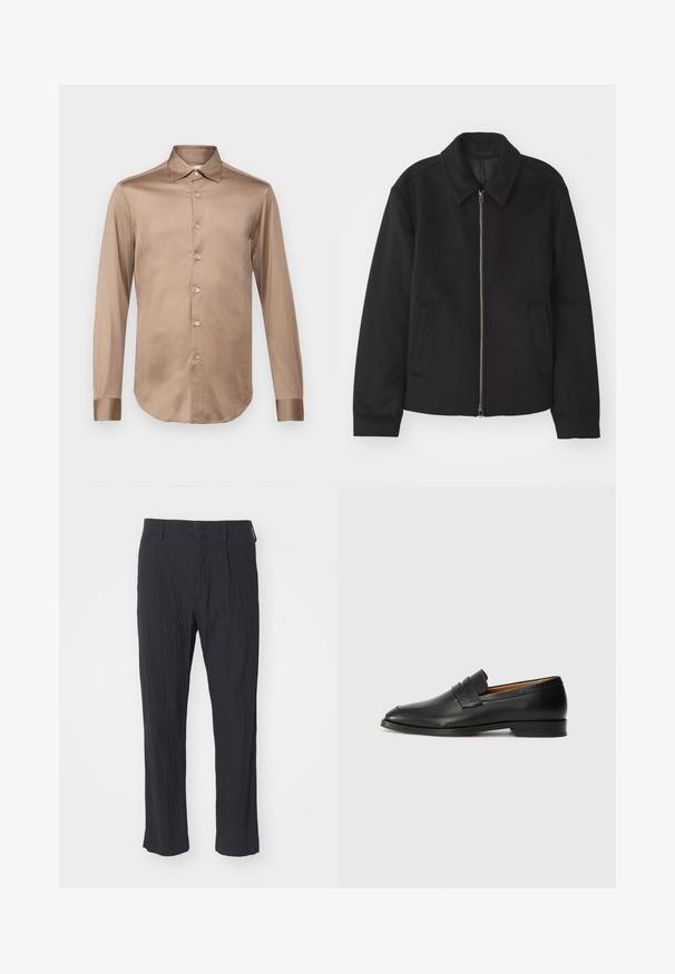 Črna jakna z zadrgo, prilagojena zasnova, okrogla ovratnica in žepi z rezi. Narejena iz gladke, teksturirane tkanine.; Pal Zileri CAMICIA - Srajca - brown; Črne pliseerane hlače z teksturirano tkanino, ki imajo ravno nogo in standarden pas. Brez vidnih žepov ali dodatkov.; Črne usnjene loferice z zaobljenim prstom, subtilnim šivanjem in nizkim petam, ki se odlikujejo po gladki teksturi in minimalističnem oblikovanju.