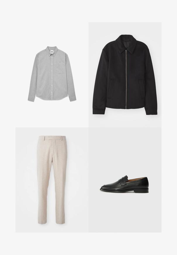 Crna jakna s patentnim zatvaračem, prilagođenog dizajna, zaobljenim kragnom i proreznim džepovima. Izrađena od glatkog, teksturiranog materijala.; Siva košulja dugih rukava sa dugmadi, džepom, ovratnikom i vezanom logotipom na grudima. Napravljena je od teksturiranog materijala.; Bež pletene hlače ravnog kroja, s ravnim prednjim dijelom, petljama za remen i bez vidljivih uzoraka ili hardverskih detalja.; Crni kožni loafer s okruglim vrhom, suptilnim šavovima i niskim petama, s glatkom teksturom i minimalističkim dizajnom.
