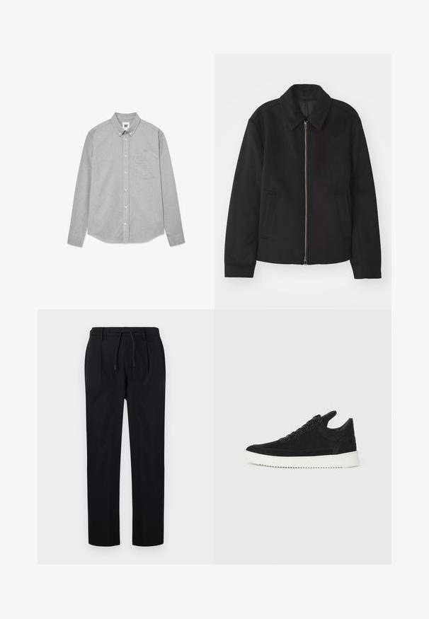 Schwarze Jacke mit Reißverschluss, tailliertem Schnitt, rundem Kragen und Schlitztaschen. Hergestellt aus einem glatten, strukturierten Stoff.; Grau langärmliges Hemd mit Knopfleiste, Tasche, Kragen und gesticktem Logo auf der Brust. Aus einem strukturierten Stoff gefertigt.; Schwarze Hose aus glattem Stoff, mit einem Kordelzugbund, geraden Beinen und einer Vorderfalte für einen strukturierten Look.; Schwarze Wildleder-Sneaker mit einer weißen Gummisohle, die sich durch elegante Nähte und ein schnürbares Design auszeichnen. Glatte Textur mit einer modernen, stromlinienförmigen Form.