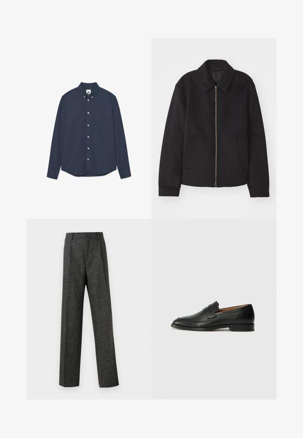 Must mustriga, mis on varustatud lukuga, kohandatud disaini, ümarate kaeluste ja lõhesalongidega taskudega. Valmistatud siledast, tekstuurilisest kangast.; Tumesinine pikkade varrukatega nööbitav särk, millel on ees rinna tasku ja väike broderi logo taskul ja kaeluse etikett.; Hallidehased hallid püksid tekstureeritud kangast, millel on kaks eesmist voldi ja sirge sääre disain. Pole nähtavaid taskuid ega kaunistusi.; Must musta loafers ümarate varvastega, peene tikandiga ja madala kontsaga, millel on sile tekstuur ja minimalistlik disain.