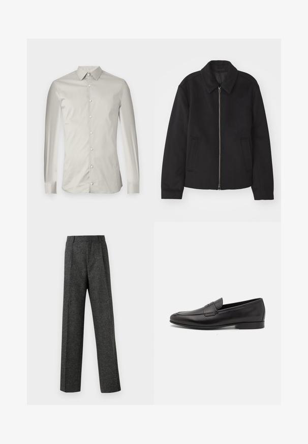 Casaco preto com fecho de correr, design ajustado, colarinho redondo e bolsos com fenda. Feito de um tecido liso e texturizado.; Camisa de mangas longas cinza claro, feita de um tecido suave. Apresenta um colarinho pontudo, botões frontais e um corte ajustado com um design minimalista.; Calças cinzentas ajustadas, feitas de um tecido texturizado, com duas pregas frontais e um design de perna reta. Sem bolsos visíveis ou enfeites.; Sapatilha masculina em couro preto, com salto baixo e um design clássico com tira de moeda, apresentada em perfil lateral sobre um fundo branco.