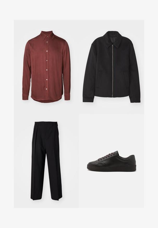 Juodas švarkas su užtrauktuku, pritaikyta forma, apvaliu apykakle ir kišenėmis su plyšiu. Pagamintas iš lygios, tekstūruotos medžiagos.; Ilga rankovė marškiniai tamsiai raudono vynuogyno spalvos, pagaminti iš lygaus audinio, su smailiu apykakle ir metalinėmis sagomis priekinėje dalyje.; Juodi klostuoti kelnių, su tiesiu, plačiu kojų dizainu. Pagaminti iš lygios medžiagos, su mygtukų uždarymu ir diržo kilputėmis.; Juodas odinis sportbačiai su apvalia nosimi, tekstūruota paviršiumi, rudos spalvos raišteliais ir storu juodu guminio padu. Minimalistinis dizainas, be matomų logotipų.